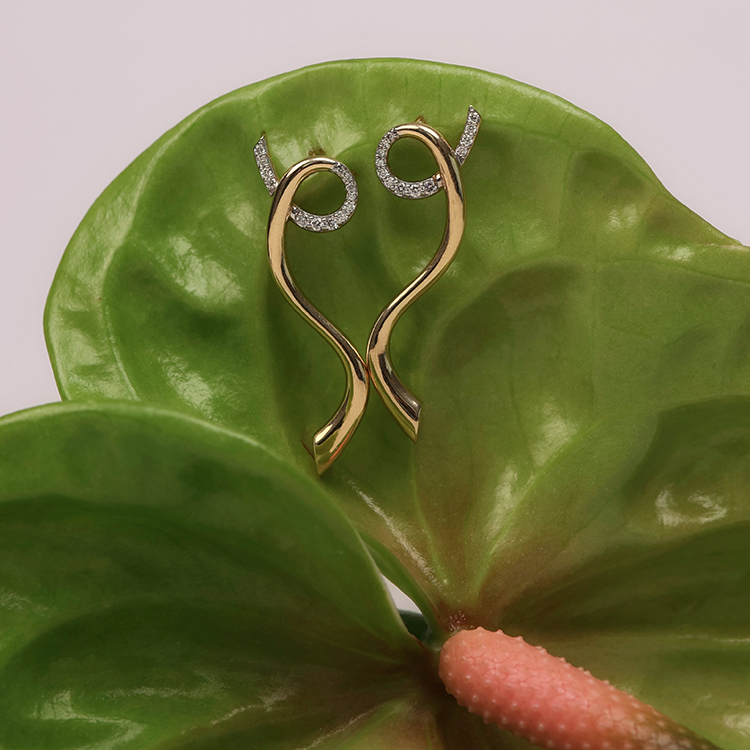 Spiral earrings, shown on leaf, front view